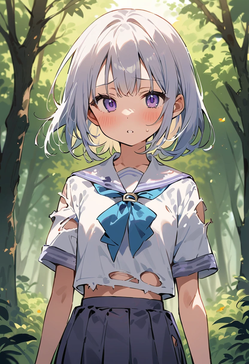 beautiful detailed girl,(masterpiece,best quality,extremely detailed:1.2),((cowboy shot:1.1)),(solo,s old,kawaii,slender,small breasts:1.25),(pained look:0.8),((white underwear) in ((Torn school uniform)):2),(dirty:2),blush,shy,weep,standing,(deep forest:1.5),(hug:0.4),rating: general, newest,Sexy face,(primitive:1.1)