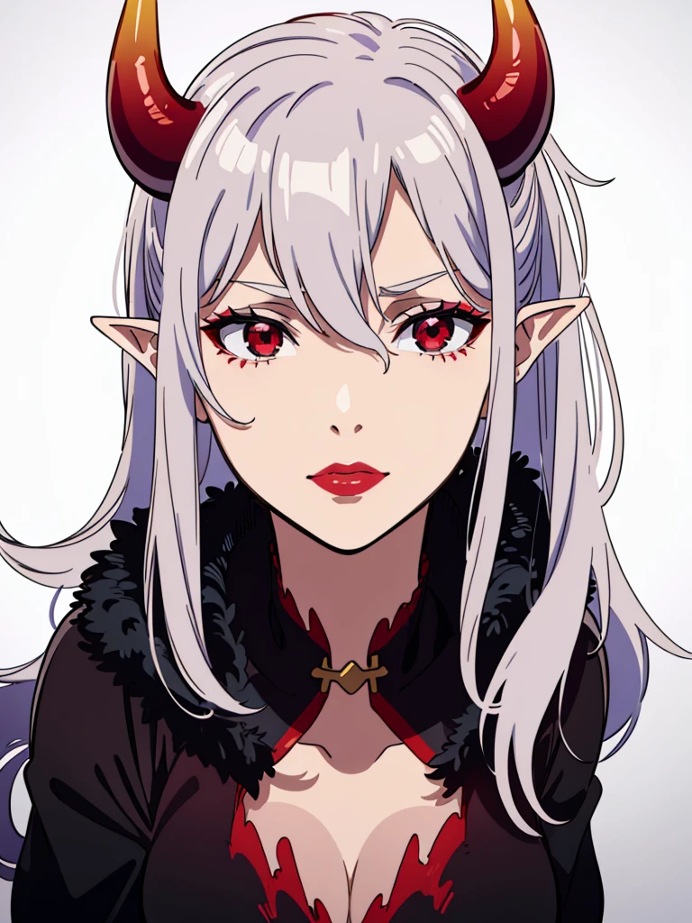 ((1adult woman,solo,milf,mature female)),red eyes,red lipstick,horns,white hair,long hair,black dress,elf ears,(((hair over one eye))),portrait,serious,