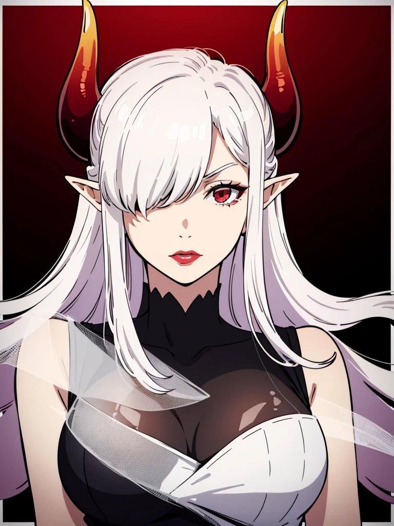 copper skin, shiny skin, black hair, hair bobbles, longeyelashes, cat eyes, slit pupils, cat pupils, light smile, black ram horns, large horns, ram horns, black horns, fang, accurate, long dark hair, long hair, very long hair, black hair, dark purple hair, red eyes, hair over shoulder, straight hair, glowing eyes, makeup, thick eyeliner, dark eyeliner, glossy black lipstick, sharp ears, pointed ears, light smile, smug, full blush, Surrealism, drop shadow, anaglyph, stereogram, tachi-e, pov, atmospheric perspective, 8k, super detail, best quality, high details, high quality, highres, award winning, best quality, large, wearing a black and red tuxedo, black and red outfit, tuxedo, thigh high boots, high heels, large , cleavage,tan, dark skin, thick thighs, strong thighs, white fur trim, full body, fantasy city background, with a seductive look