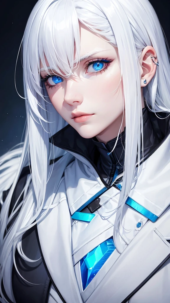 cold white hair, bright blue eyes, marked jaw, man