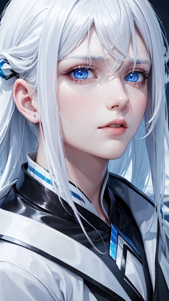 cold white hair, bright blue eyes, marked jaw, man 