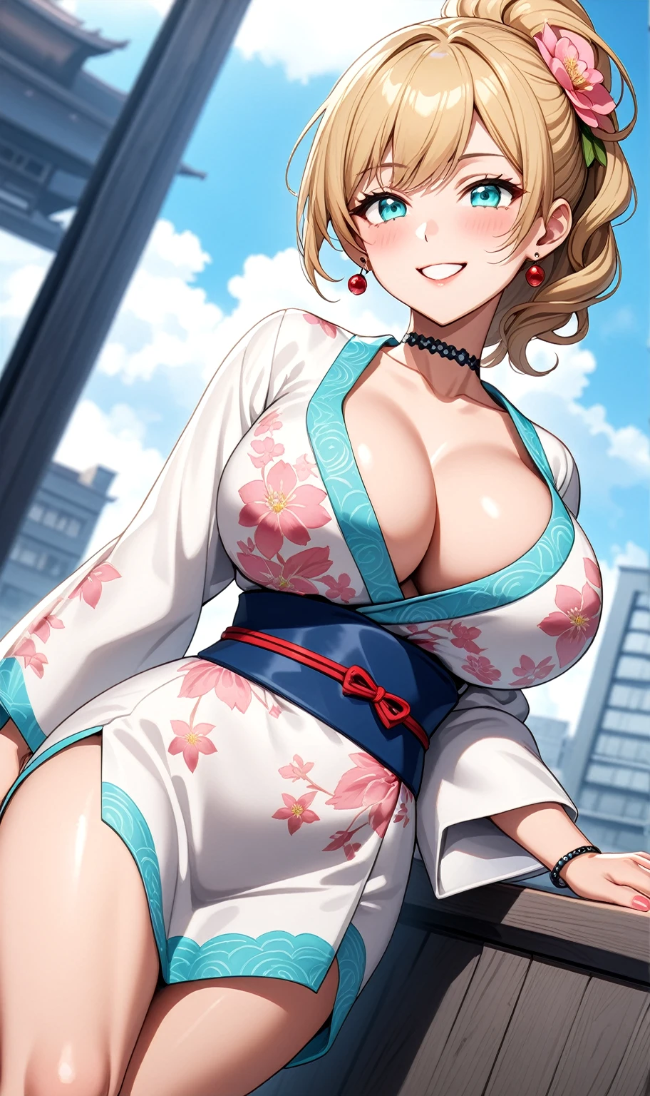 ((One personの女性)), Beautiful Face, (Laughing embarrassedly), ((cheerful grin:1.2)), ((Wink:1.9)), (head tilt:1.3), Laugh with your mouth wide open, upper teeth, looking at viewer, ((Bright red cheeks:1.2)),Glossy Red Lips,rooftop, firework, Glossy red lips, Shining Face, ((Anime style background)),masterpiece, Highest quality, so beautiful,up to date, Complex details, (Pink long nails), (nail art), (ring),(bracelet),(Floral choker),AI-generated, Complex,High resolution, Highest quality, super high quality,3D Images、3D Images,One person,Blonde long hair,High Ponytail, wavy hair, Anime woman posing for a photo,(blue eyes), ((Fine grain、Lightly pigmented cyan eyes、Shining Eyes:1.3)), (Squint your eyes:1.1),a hyperRealistic , hyperRealistic , Realistic,Long and blonde anime woman, Smooth anime CG art, A woman in a gorgeous kimono embroidered with silver, (White long sleeve kimono),(Pink large floral pattern) ,Long flower hair ornament,Earrings,Mature Body,(Big Breasts:1.1),Tall,Abdominal muscles,Tight waist, (face focus), (knee shot:1.2), (dutch angle:1.3),