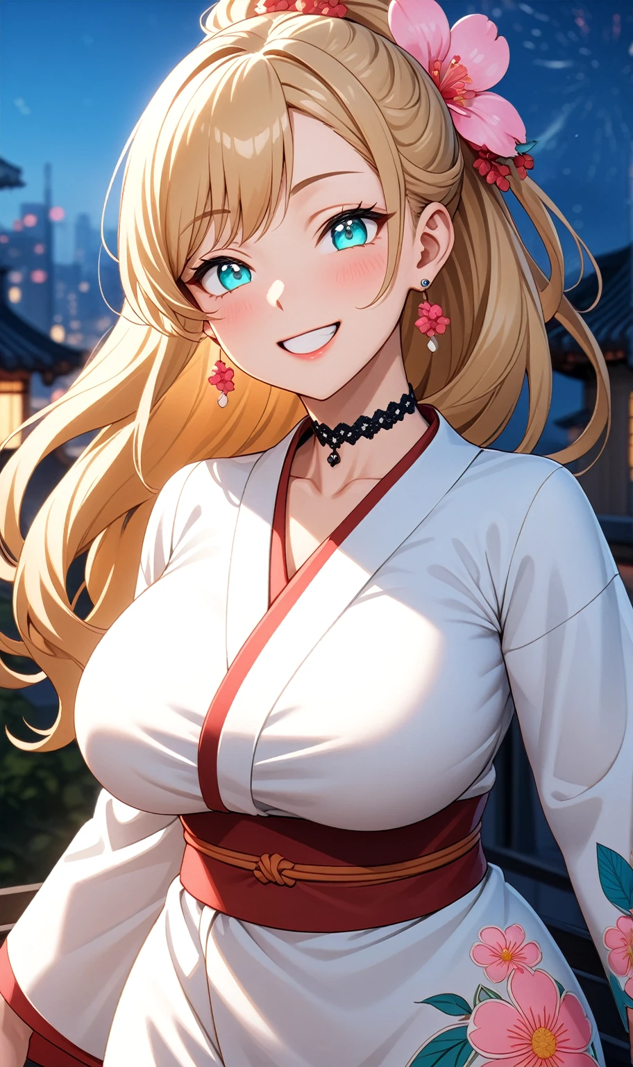 ultra-detailed, ((one girl)), (portrait), (pale skin:1.4), in pastel colors gyaru, (heavy makeup), (professional lighting) hyper detailed, absurdres, 8k, Beautiful Face, (Laugh shyly), ((teasing smile:1.8)), ((happy smile:1.1)),  ((Wink:1.5)), (Laugh with your mouth wide open),((Tilt your face:1.6)), View your viewers, ((Bright red cheeks:1.6)),Glossy Red Lips, ((huge breasts:1.6)),  ((undressing:1.0)), ((Lifting her clothes and showing her nipples:1.5)), noon,summer, Green tree々, Forest waterfall,  ((Anime style background)),masterpiece, Highest quality, (Brighten your face), so beautiful,Latest, Complex details, (Pink long nails), (nail art), (ring),(bracelet), (Floral Choker),AI-generated, Complex,High resolution, Highest quality, super high quality,3D Images、3D Images,One person,(Snow White hair), (highlights hair,Milky White streaked hair)), Long Hair,(High Ponytail), (wavy hair:1.3), Anime woman in black kimono posing for a photo, ((Fine grain、blue eyes、glowing eyes:1.4)), (Squint your eyes:1.1),a hyperRealistic , hyperRealistic , Realistic, Smooth anime CG art, A girl in a gorgeous black kimono, ((black furisode:1.2)), (Gold embroidery), (Large red floral pattern), (sideboob),  Long flower hair ornament,Floral Earrings, Mature Body, tall,Narrow waist, front view, (upper body),