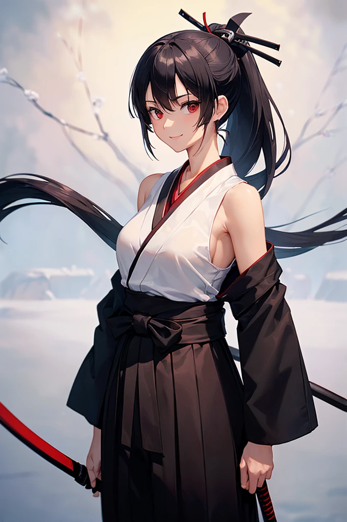 (masterpiece; best quality: 1.2), (finely detailed eyes: 1.3), ((25 year old woman)), ((solo)), (red eyes: 1.4), (body; lithe, slender, femenine: 1.3), (black hair in ponytail: 1.3), (beautiful and clear background: 1.2), ((depth of field)), (clothes: ronin attire + black hakama + black sash: 1.3), (anime illustration: 1.2), (background composition; kendo dojo + night time: 1.1), (extremely fine and beautiful: 1.1), (shot composition; standing + centered on torso + close-up: 1.5), (expression; calm, smile: 1.2)