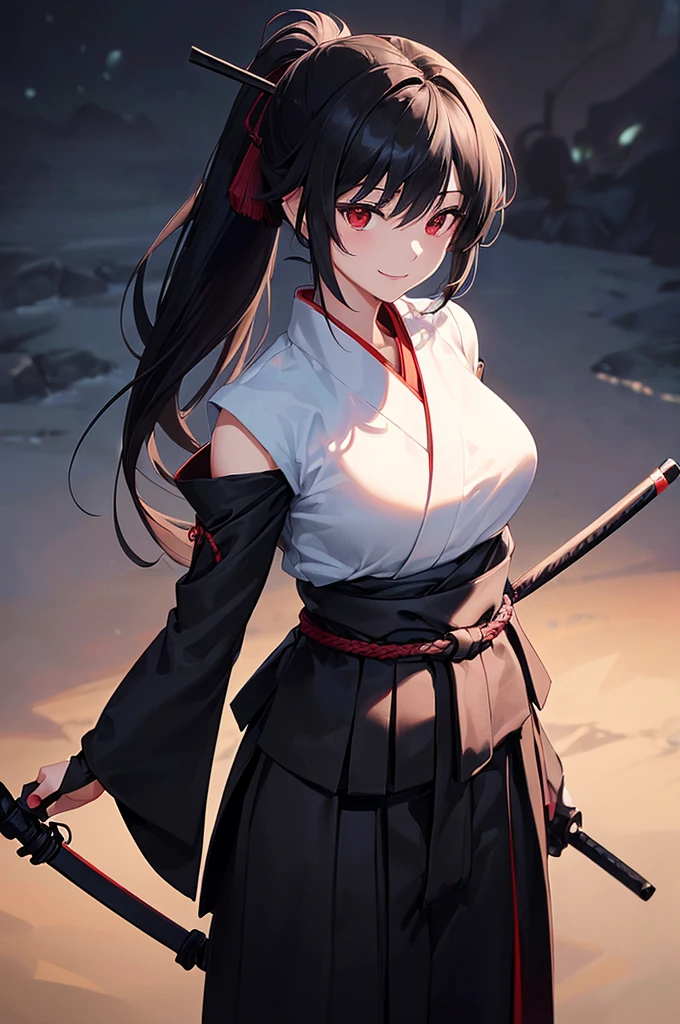 (masterpiece; best quality: 1.2), (finely detailed eyes: 1.3), ((25 year old woman)), ((solo)), (red eyes: 1.4), (body; lithe, slender, femenine: 1.3), (black hair in ponytail: 1.3), (beautiful and clear background: 1.2), ((depth of field)), (clothes: ronin attire + black hakama + black sash: 1.3), (anime illustration: 1.2), (background composition; kendo dojo + night time: 1.1), (extremely fine and beautiful: 1.1), (shot composition; standing + centered on torso + close-up: 1.5), (expression; calm, smile: 1.2)