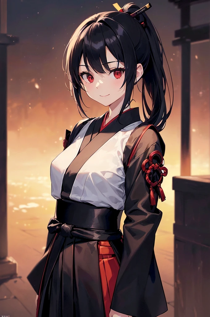 (masterpiece; best quality: 1.2), (finely detailed eyes: 1.3), ((25 year old woman)), ((solo)), (red eyes: 1.4), (body; lithe, slender, femenine: 1.3), (black hair in ponytail: 1.3), (beautiful and clear background: 1.2), ((depth of field)), (clothes: ronin attire + black hakama + black sash: 1.3), (anime illustration: 1.2), (background composition; kendo dojo + night time: 1.1), (extremely fine and beautiful: 1.1), (shot composition; standing + centered on torso + close-up: 1.5), (expression; calm, smile: 1.2)