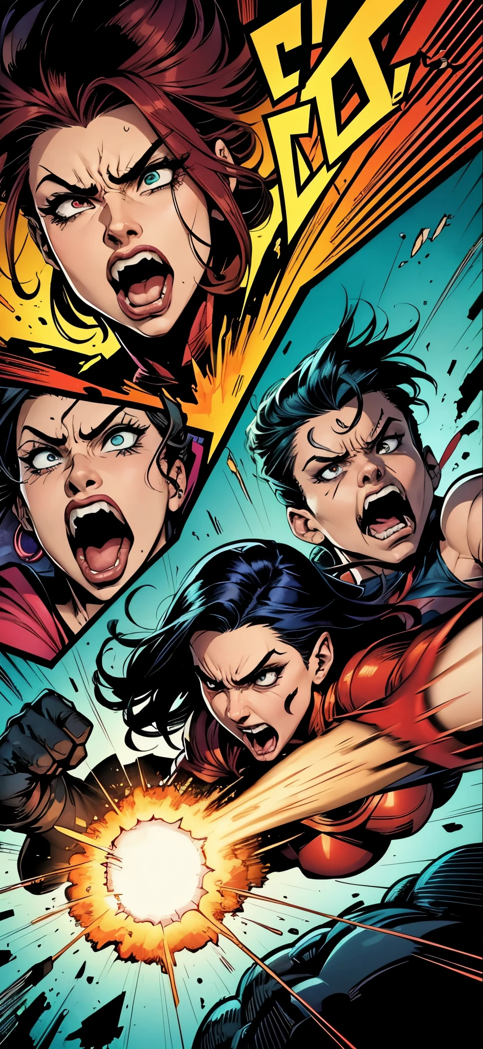 "A dynamic, comic book-style scene featuring a diverse group of angry women. Each character is depicted with exaggerated expressions and bold, dramatic lines. Some women are shouting with speech bubbles, others crossing their arms with intense looks. The background is filled with explosive, vibrant colors and action lines, emphasizing the chaotic energy. The setting includes comic book elements like 'BAM!' and 'POW!' text graphics. The image is vibrant, energetic, and perfect for an eye-catching thumbnail."