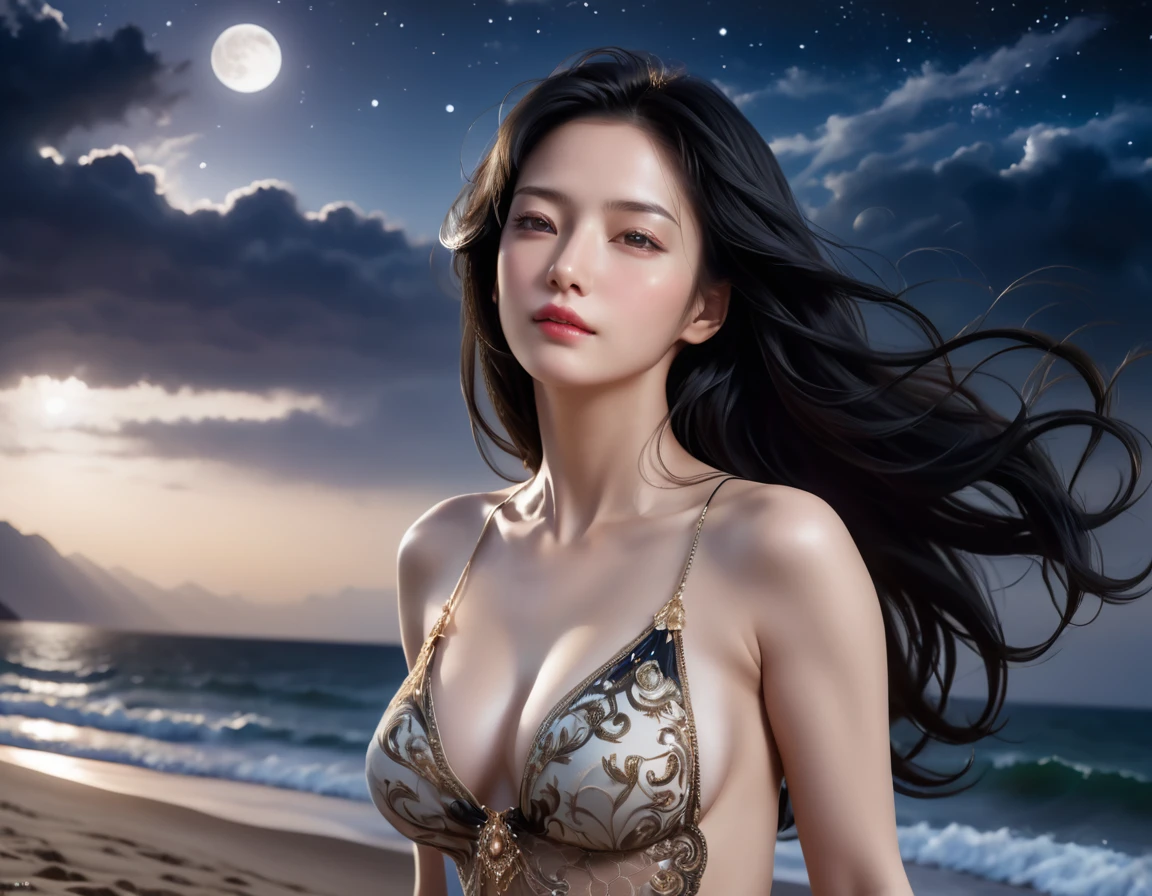 4K resolution,8K resolution,beautiful,Highest quality,Absolutely wonderful,Very detailed,Ultra-high resolution,masterpiece,(Realistic:1.5),(Realistic:1.5),Increased depth of field,Cinematic Light,
One elegant mature woman,
Long black hair,精巧なディテールのbeautiful顔,A face full of compassion,Transparent white skin,Very sensitive skin,Great proportions,Glamorous Body,Anatomically correct body,
Elegant high leg swimsuit,ornate designs,Gorgeous and detailed pattern,Beautifully detailed pattern,Detailed cloth texture,Decorated with lavish jewellery,
Dark clouds in the night sky,delay々The desolate coastline continues,Deserted beach,Dark sea surface,
(Dramatic Angle:1.5),