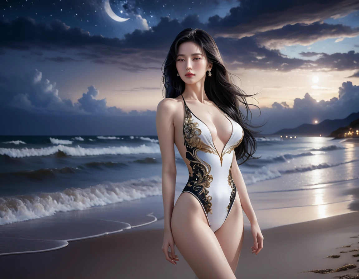 4K resolution,8K resolution,beautiful,Highest quality,Absolutely wonderful,Very detailed,Ultra-high resolution,masterpiece,(Realistic:1.5),(Realistic:1.5),Increased depth of field,Cinematic Light,
One elegant mature woman,
Long black hair,精巧なディテールのbeautiful顔,A face full of compassion,Transparent white skin,Very sensitive skin,Great proportions,Glamorous Body,Anatomically correct body,
Elegant high leg swimsuit,ornate designs,Gorgeous and detailed pattern,Beautifully detailed pattern,Detailed cloth texture,Decorated with lavish jewellery,
Dark clouds in the night sky,delay々The desolate coastline continues,Deserted beach,Dark sea surface,
(Dramatic Angle:1.5),