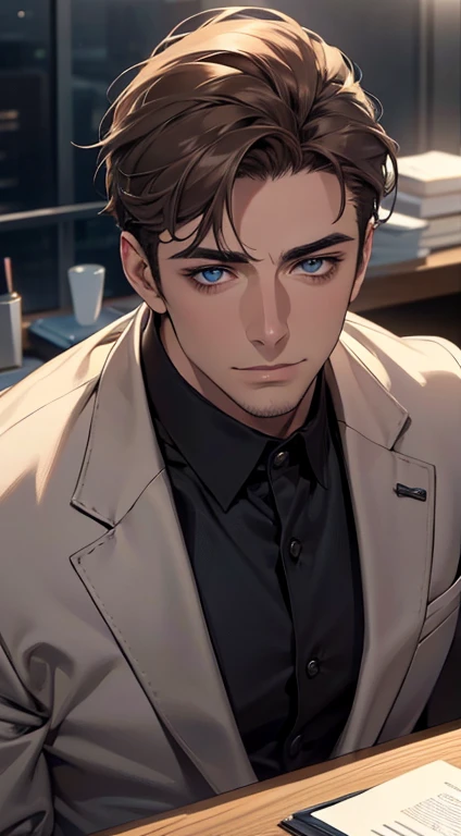 (best quality,4k,8k,highres,masterpiece:1.2),ultra-detailed,(realistic,photorealistic,photo-realistic:1.37),1 man,31 years old,mature man,very handsome,without expression,smile,short grey brown hair,blue eyes,penetrating gaze,perfect face without errors,imposing posture,businessman,office background,cinematic lighting,hdr image