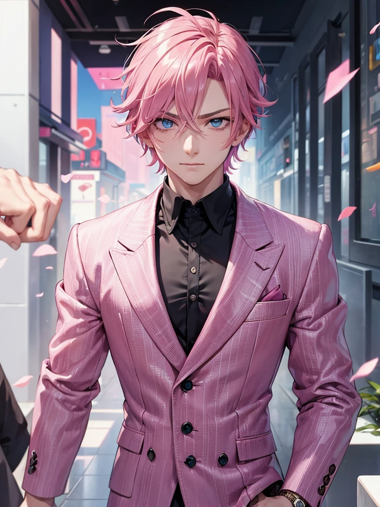 male, pink hair, blue eyes, not smile, cool man. mafia. bad boy. like a prince