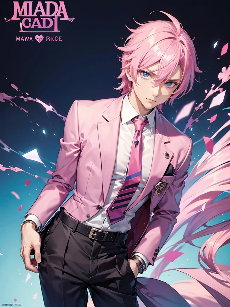 male, pink hair, blue eyes, not smile, cool man. mafia. bad boy. like a prince