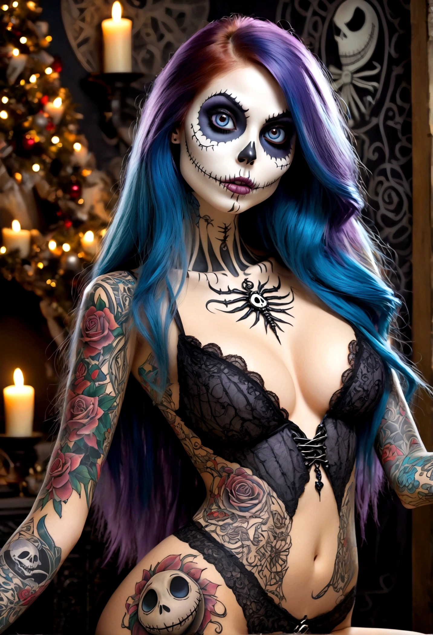 Create a hyper detailed photograph of a nightmare before Christmas tattooed young sexy sally Skellington, Stunningly perfect gorgeous face, perfect makeup, detailed vibrant eyes, long hair, beautiful perfect, big beautiful perfect arms, realistic torso, detailed silky smooth skin, big breast, perfect round ass,nightmare before Christmas sexy seductive lace thong, back to viewer looking forward,