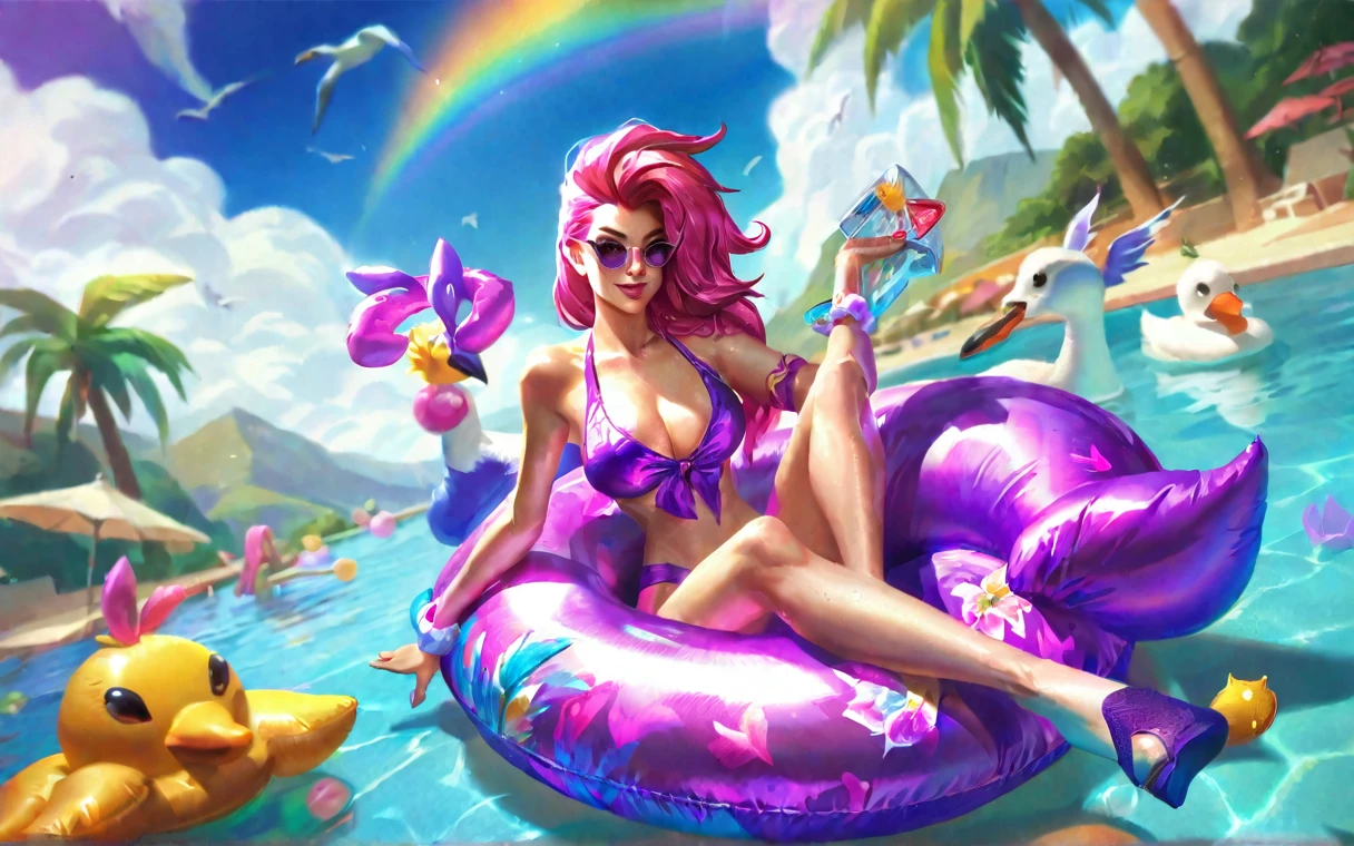 best aesthetic, lolsplashart, pool  Miss Fortune, 1girl, solo, long hair, breasts, looking at viewer, smile, bangs, large breasts, swimsuit, cleavage, medium breasts, green eyes, pink hair, white hair, ponytail, flower, outdoors, butterfly, sky, day, bikini, cloud, tree, water, pedal, blue sky, butterfly wings, purple bikini, pool float, sunglasses, palm tree, beachball, seagull, beach umbrella, ocean waves, a beautiful young woman with long pink hair, wearing a purple bikini and sunglasses, lounging on a pool float in a sparkling blue pool. She is surrounded by tropical flowers and palm trees, and the scene is set against a backdrop of a bright blue sky with fluffy white clouds. The woman's pose is relaxed and carefree as she floats in the pool, enjoying the sunshine. The colorful flowers, pool float, and her bold purple bikini all contribute to the fun, summery vibe. The overall atmosphere is cheerful and lighthearted, capturing the essence of a perfect poolside day. Wearing pink inflatable arm bands.