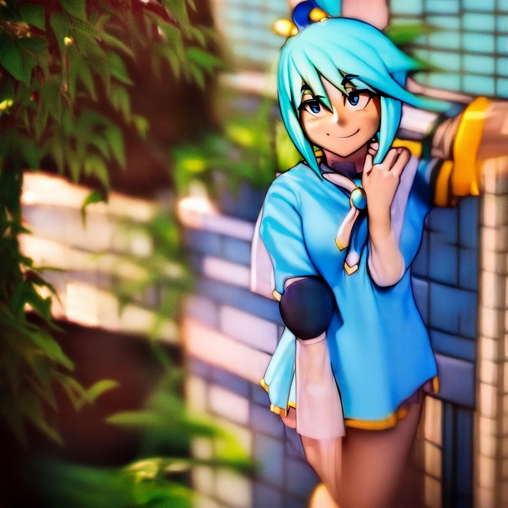 Pretty girl, aqua from konosuba smiling at camera in casual clothes