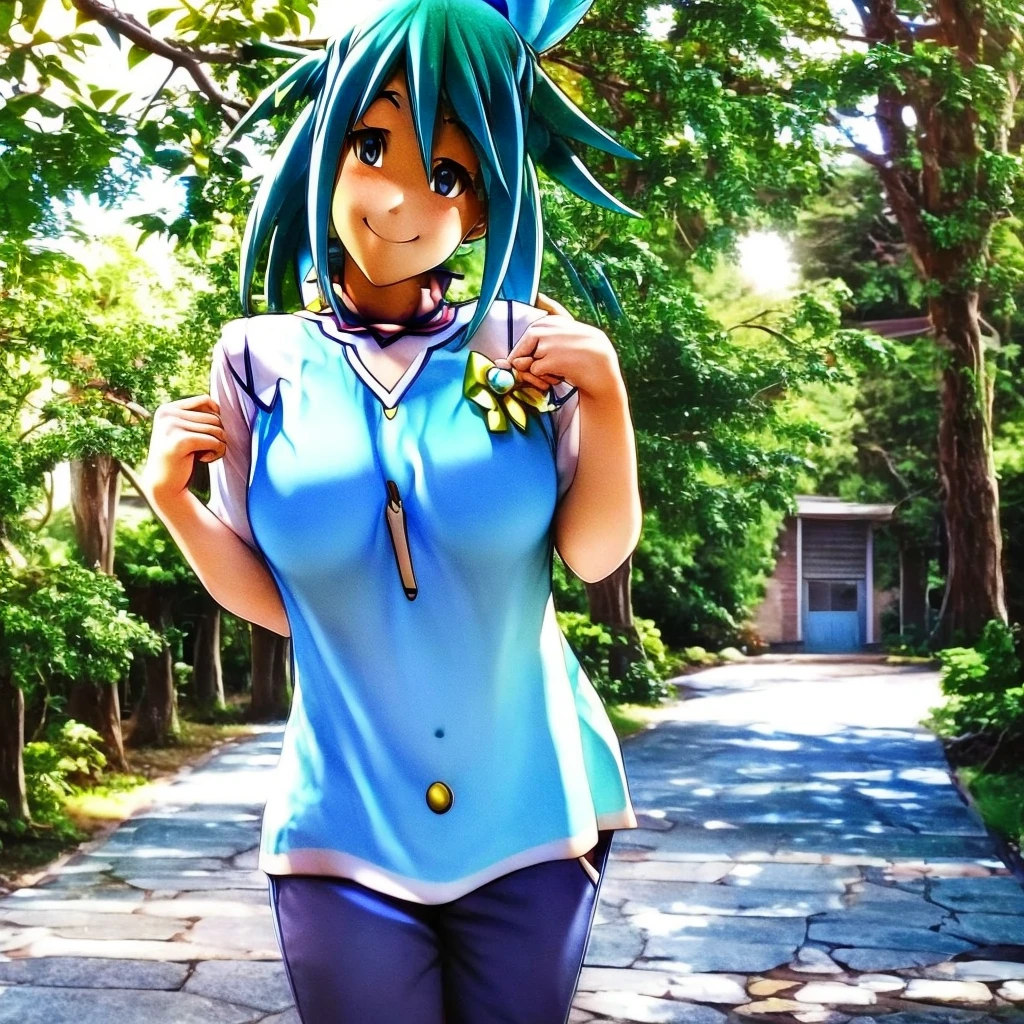 Pretty girl, aqua from konosuba smiling at camera in casual clothes