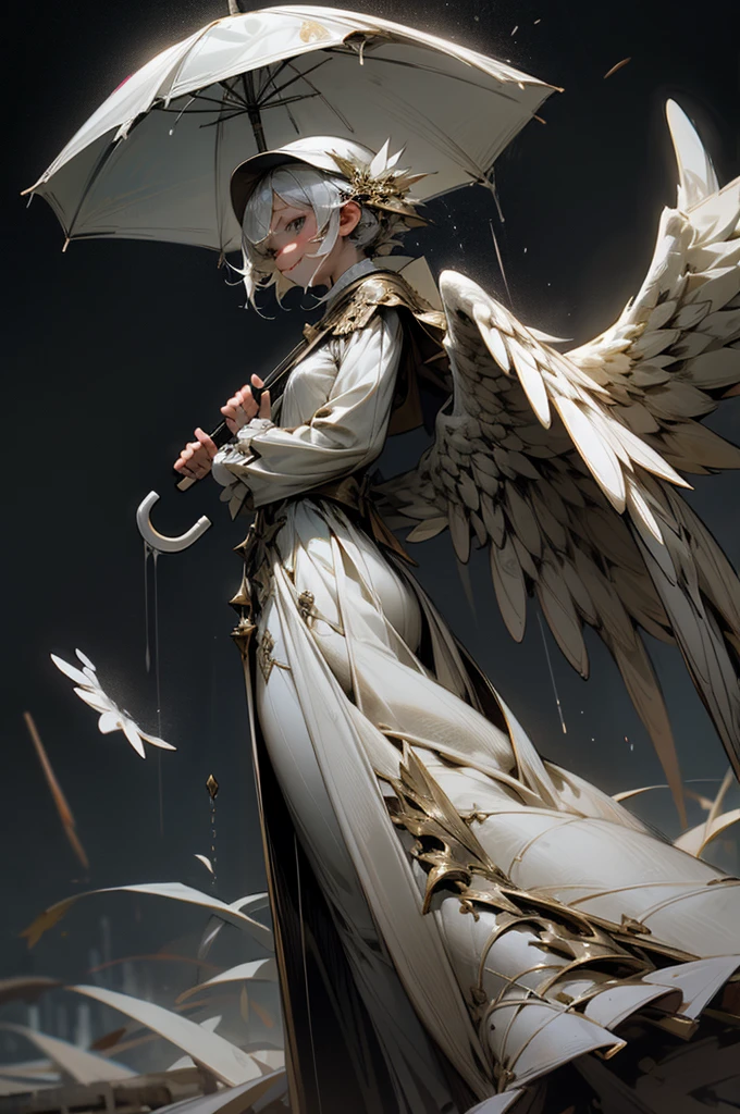 magician,White Dress,Angel Wings,A big umbrella is floating,heavy rain,destruction,Crazy,darkness,smile,I&#39;m sick,masked face,human_no,droid,Deus Ex Machina,Light effects,Persona,horror style,artistic,rearistc,Black and grey world,perfect face,dark fantasy,