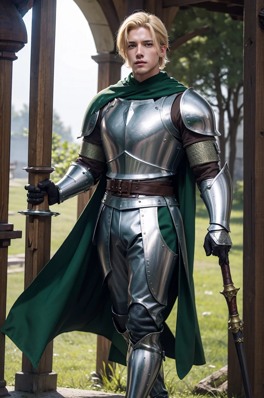 Male Youth with blonde hair, brown eyes and fair skin, wearing green knight armor and gray trousers, gauntlets and boots, weilding spear, fullbody, medieval background, muscular
