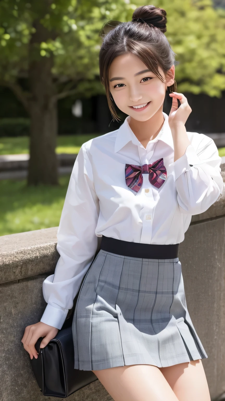 (masterpiece:1.2), Japanese, (18-year-old), (girl),  ((Collared shirt)), (skirt), smile, Thighs, ((small face)), (bow tie), Hair Bun, , park, 