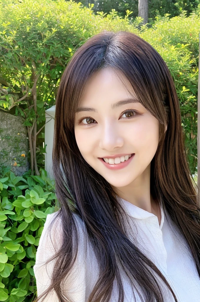 Minami Hamabe,(highest quality,16k,High resolution:1.2),Dark brown long hair,Girls in their 20s,Very detailed,One Girl,A beautiful 26 year old woman,(Minami Hamabe:1.3),(smile),garden,(high quality,ultra detailed,best quality,masterpice,4k,taken by nikon d750:1.0)