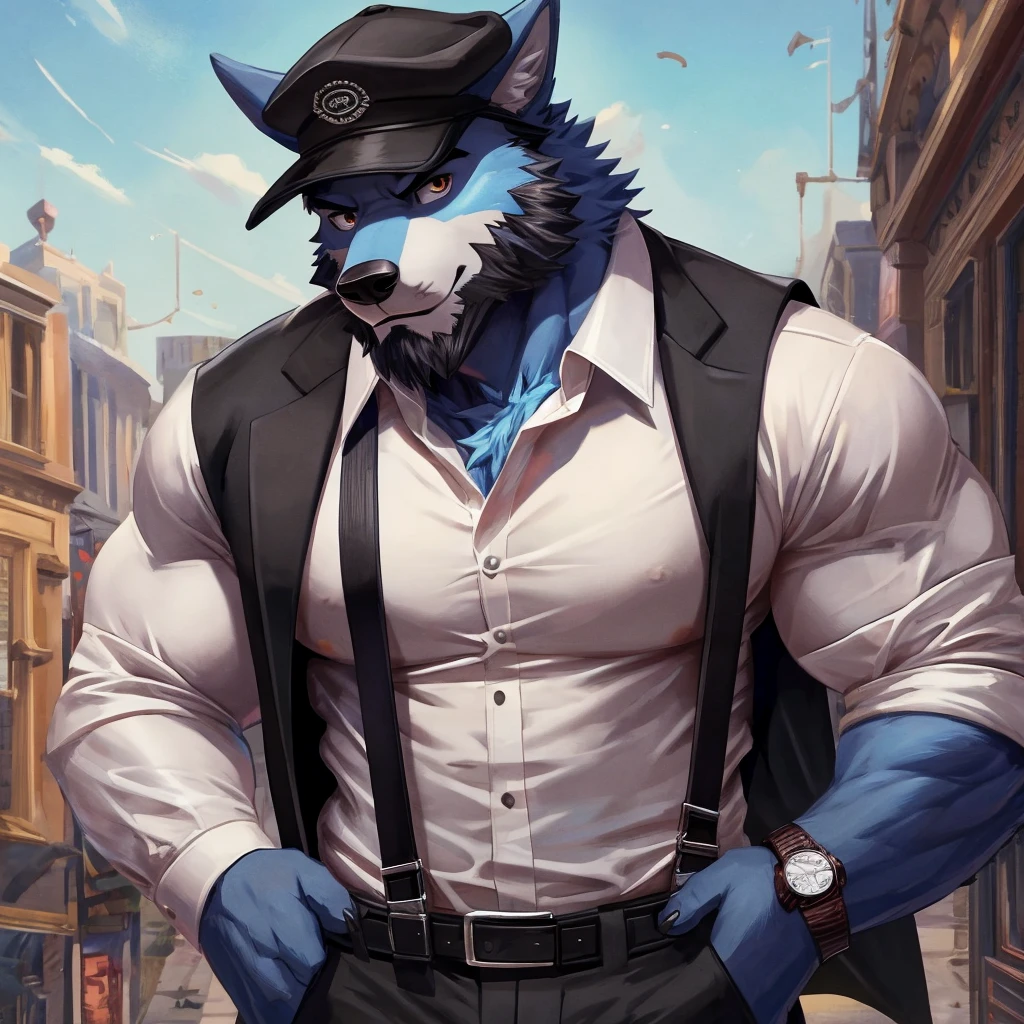 Furry, anthro, Wolf mix dragon , sky Blue Fur ,Wearing Black Cap solo, shirt, 1boy, white shirt, Muscle body, male focus, collared shirt, pants, looking to the side, suspenders, pectorals, sleeves rolled up, Black Coat, wristwatch, beard , (Ultra Details),(masterpiece)