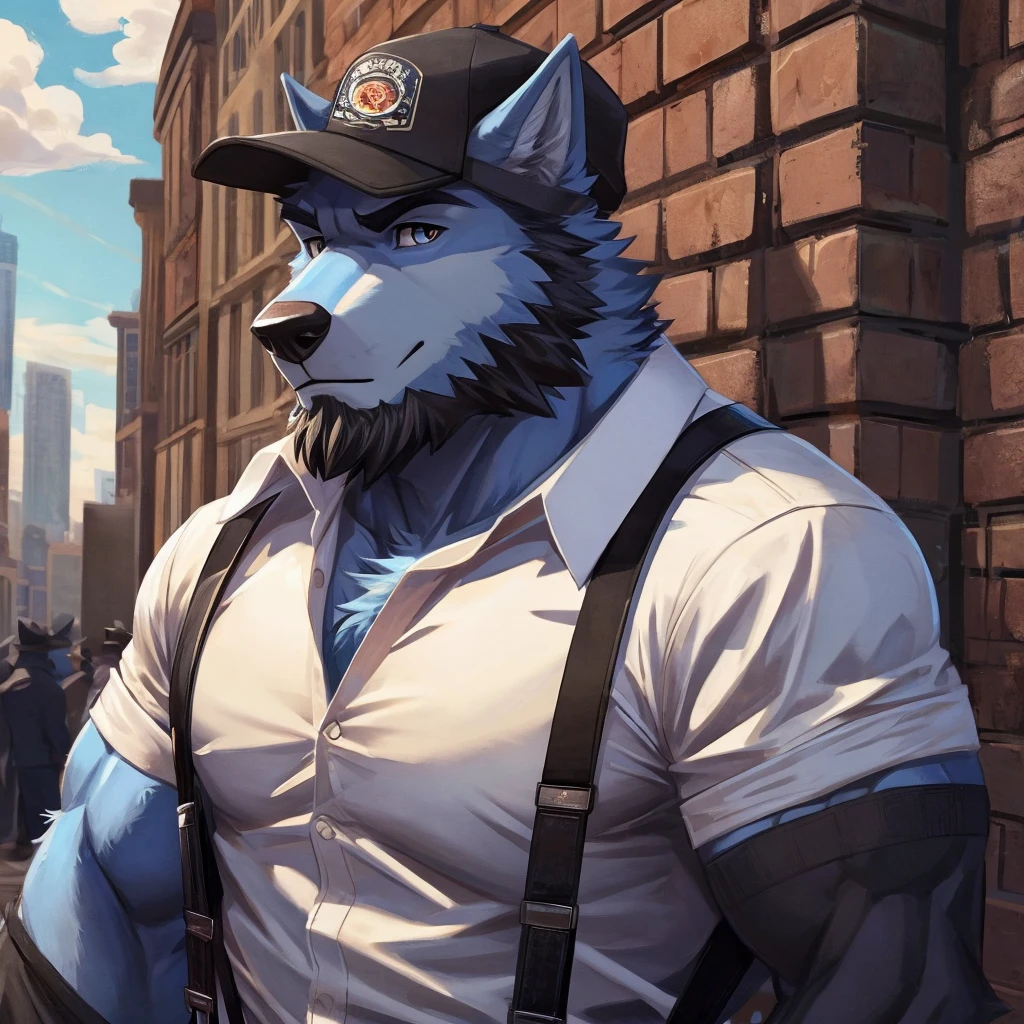 Furry, anthro, Furry Wolf, sky Blue Fur ,Wearing Black Cap solo, shirt, 1boy, white shirt, Muscle body, male focus, collared shirt, pants, looking to the side, suspenders, pectorals, sleeves rolled up, Black Coat, wristwatch, beard , (Ultra Details),(masterpiece)