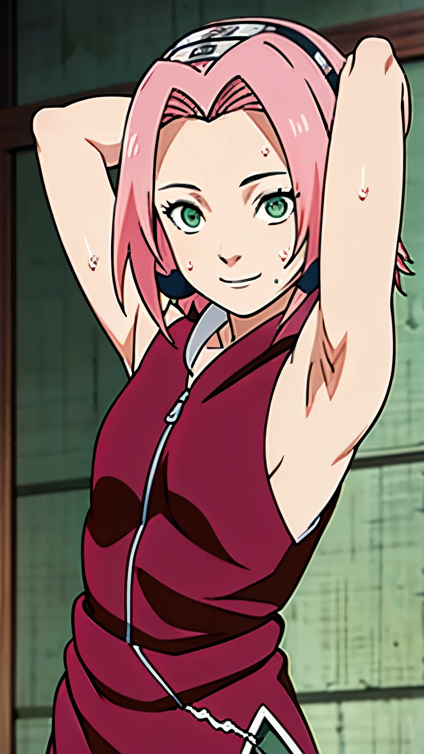 Sakura Haruno, sleeveless, Red jacket, forehead protector, symbol of konohagakure, arms behind head, armpits, showing armpits, posing, green eyes, perfect proportions, Sakura Shippuden, armpit sweat, armpit stubble, small hairy armpit, armpit stain on clothes, SMILE, beautiful