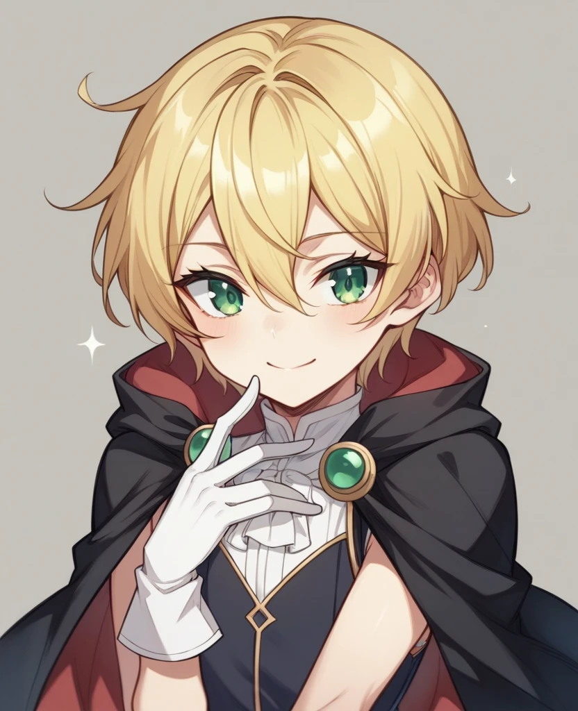 （One girl）、((short hair))、((Blonde))、（Sato Air）、(boyish)、Crossdresser、((flat chest))、green eyes、(Healer)、[black cape]、Black Vest、((hairs between eyes))、gloves 、[light smile]