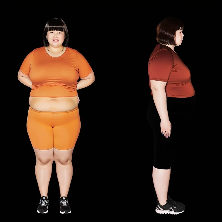Araped woman wearing an orange shirt standing next to another woman wearing black shorts, Full body wide shot, full body photo, full body photo, Short and sturdy woman, The picture is large, fat ), full body photo, full body photo, full body image, overweight, full body shot, fat 여자, Overall - body and head view, an fat