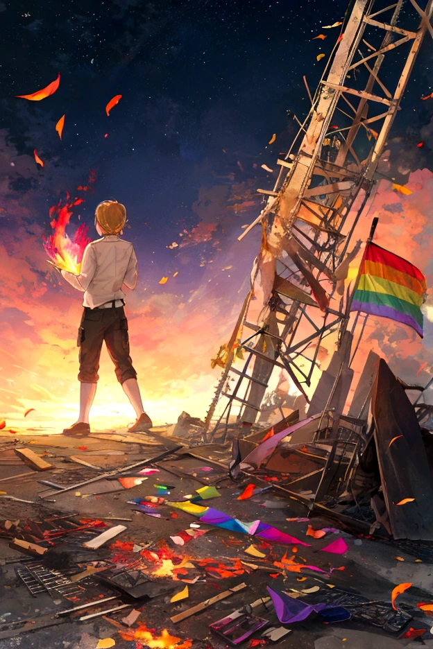 Rainbow flag catching fire and falling apart