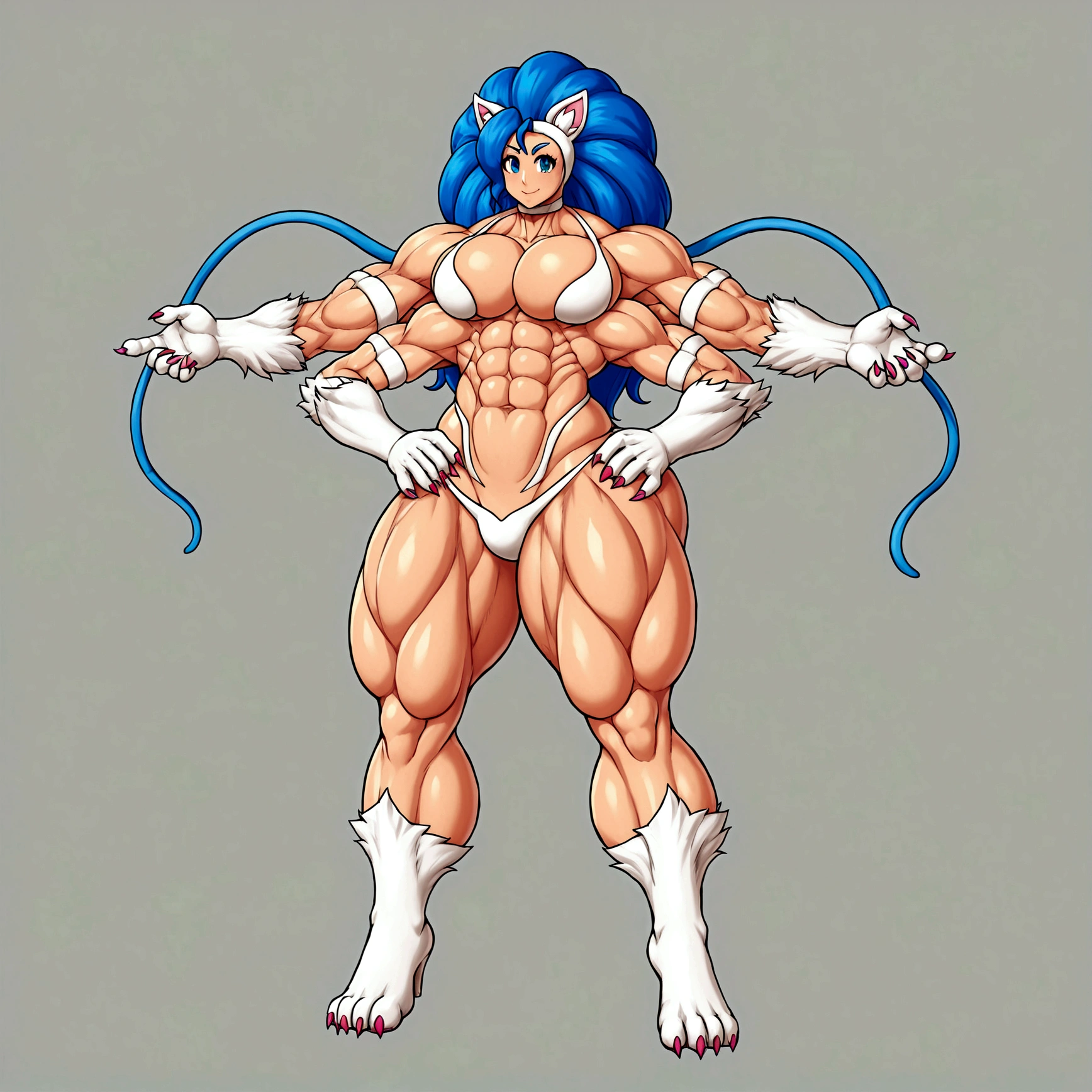 Felicia femboy, gigantic muscular body, gigantic penis with big balls, 4 arms, full body.