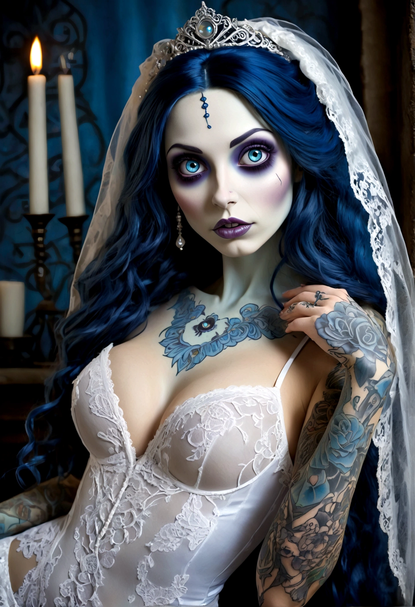 Create a hyper detailed photograph of a corpse bride tattooed young sexy Emily the Corpse Bride, Stunningly perfect gorgeous face, perfect makeup, detailed vibrant eyes, long hair, beautiful perfect, big beautiful perfect arms, realistic torso, detailed silky smooth skin, big breast, perfect round ass,corpse bride sexy seductive lace thong, back to viewer looking forward,