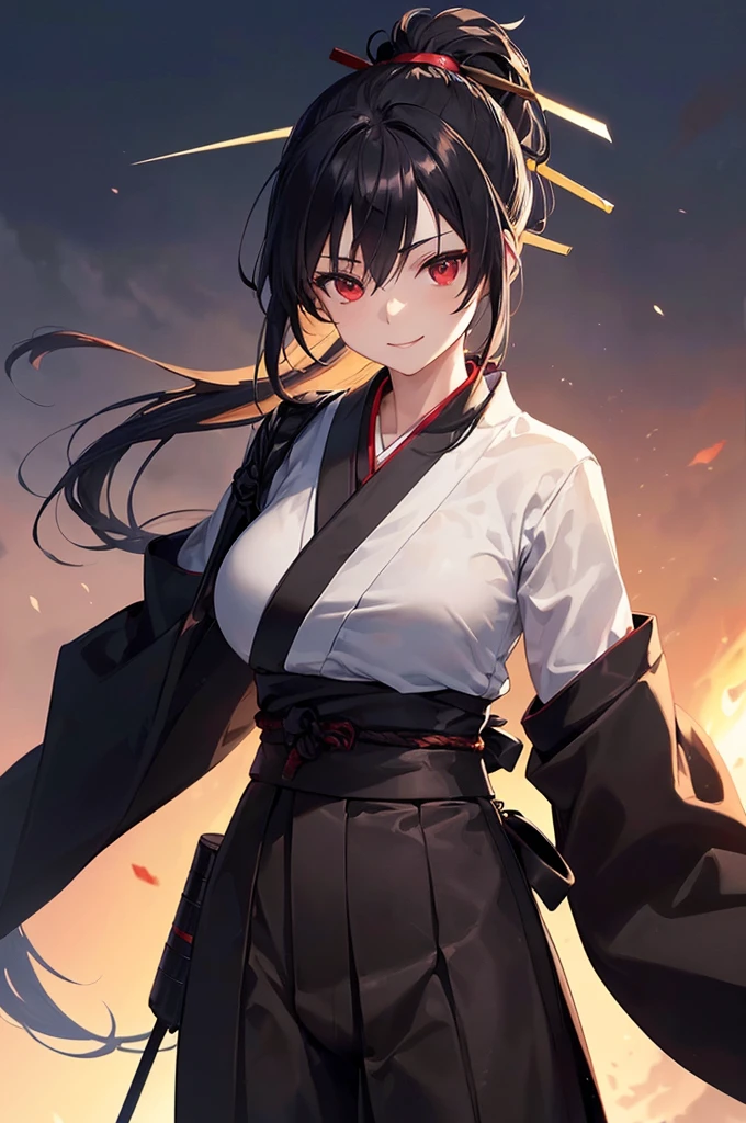 (masterpiece; best quality: 1.2), (finely detailed eyes: 1.3), ((25 year old woman)), ((solo)), (red eyes: 1.4), (body; lithe, slender, femenine: 1.3), (black hair in ponytail: 1.3), (beautiful and clear background: 1.2), ((depth of field)), (clothes: ronin attire + black hakama + black sash: 1.3), (anime illustration: 1.2), (background composition; kendo dojo + night time: 1.1), (extremely fine and beautiful: 1.1), (shot composition; standing + centered on torso + close-up: 1.5), (expression; calm, smile: 1.2)