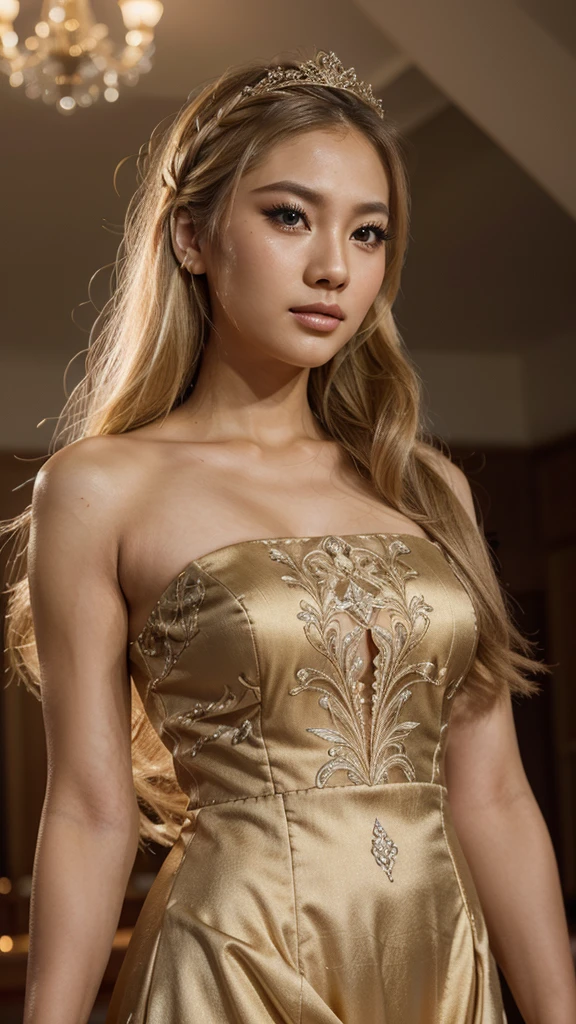 beautiful blond asian girl in beauty pageant contest, detailed face and eyes, long eyelashes, elegant dress, confident and poised expression, intricate hairstyle, natural lighting, high-quality 8k render, cinematic, award-winning portrait