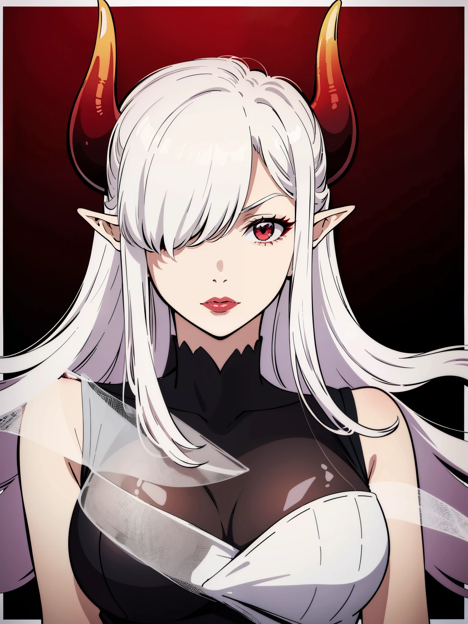 ((1adult woman,solo,milf,mature female)),red eyes,red lipstick,horns,white hair,long hair,black dress,elf ears,(((hair over one eye))),portrait,serious,