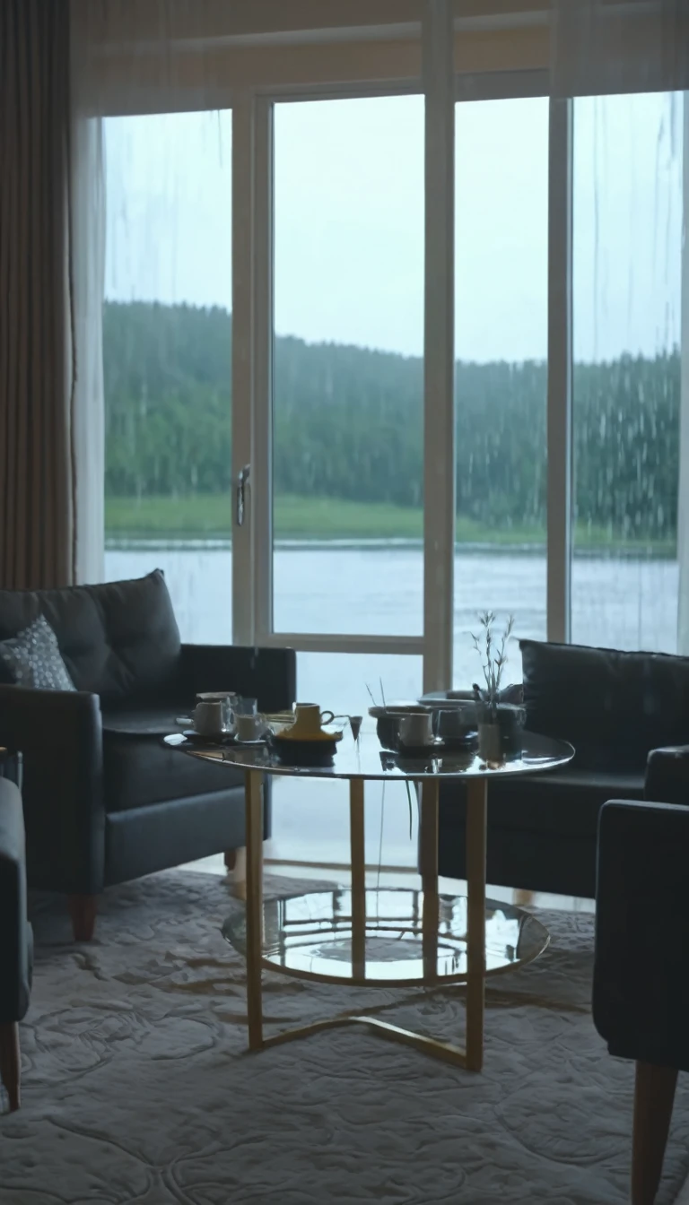 Filmed in 4K with delicate detail.
(The living room of a luxury lakeside villa: 1.5). TV, table, chairs,
coffee cups and steam, large windows, (heavy rain outside: 1.5)