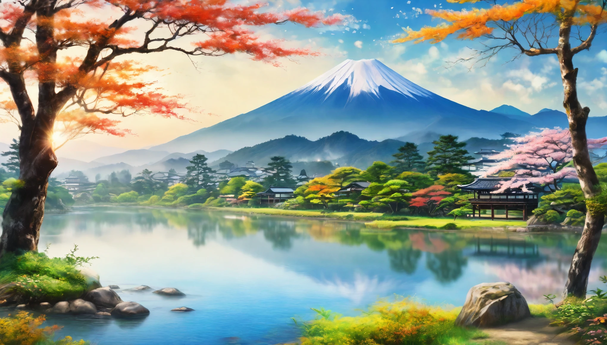 Japanese countryside,Mountains and Rivers,Summer sky,Blur the background,Glitter effect,Highest quality, 8K, High resolution, masterpiece:1.2, Very detailed, Realistic:1.37, High resolution, 超High resolution, Ultra-fine painting, Very detailed, Professional, Vibrant colors