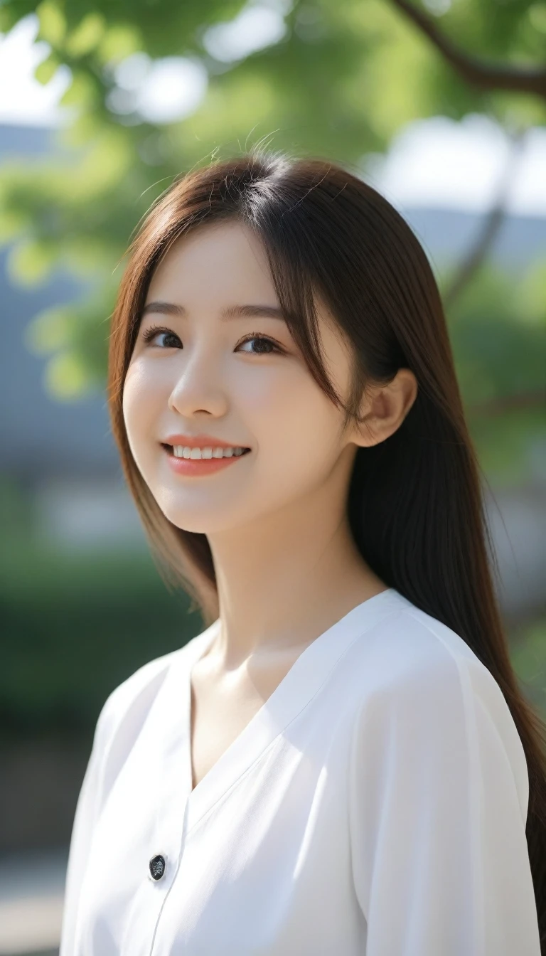 8K, Similar to Kobayashi Ryoko, Ultra-high resolution, Highest quality, masterpiece, Rule of thirds photograph,Surreal, photograph, 1 Girl, (16 years old:1.3), pretty girl, Cute face, Beautiful eyes in every detail, detailed,masterpiece,, One Girl:1.2, Japan Female Announcer,Face close-up,Outdoor,street tree,White blouse,The chest buttons are open,Refreshing sweat,Full of sexiness,Sensual,A carefree smile,Heal the heart,Black Hair,long hair,Looking at the audience、beauty,Long neck、Laugh a little