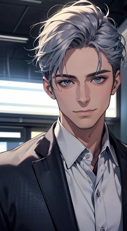 (best quality,4k,8k,highres,masterpiece:1.2),ultra-detailed,(realistic,photorealistic,photo-realistic:1.37),1 man,31 years old,mature man,very handsome,without expression,smile,short grey blue hair,blue eyes,penetrating gaze,perfect face without errors,imposing posture,businessman,office background,cinematic lighting,hdr image
