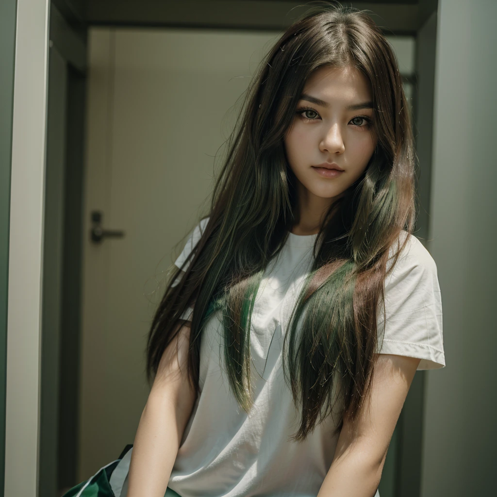 a girl with long wolf cut hairstyle, darkgreen green long hair, facing forward, with a cool smirk, beautiful face, masterpiece, best quality, boyish clothing, korean girl, dark green eyes, masterpiece, portrait.