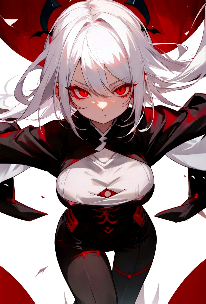 a half-demon girl with white hair and crimson eyes wearing a yukata