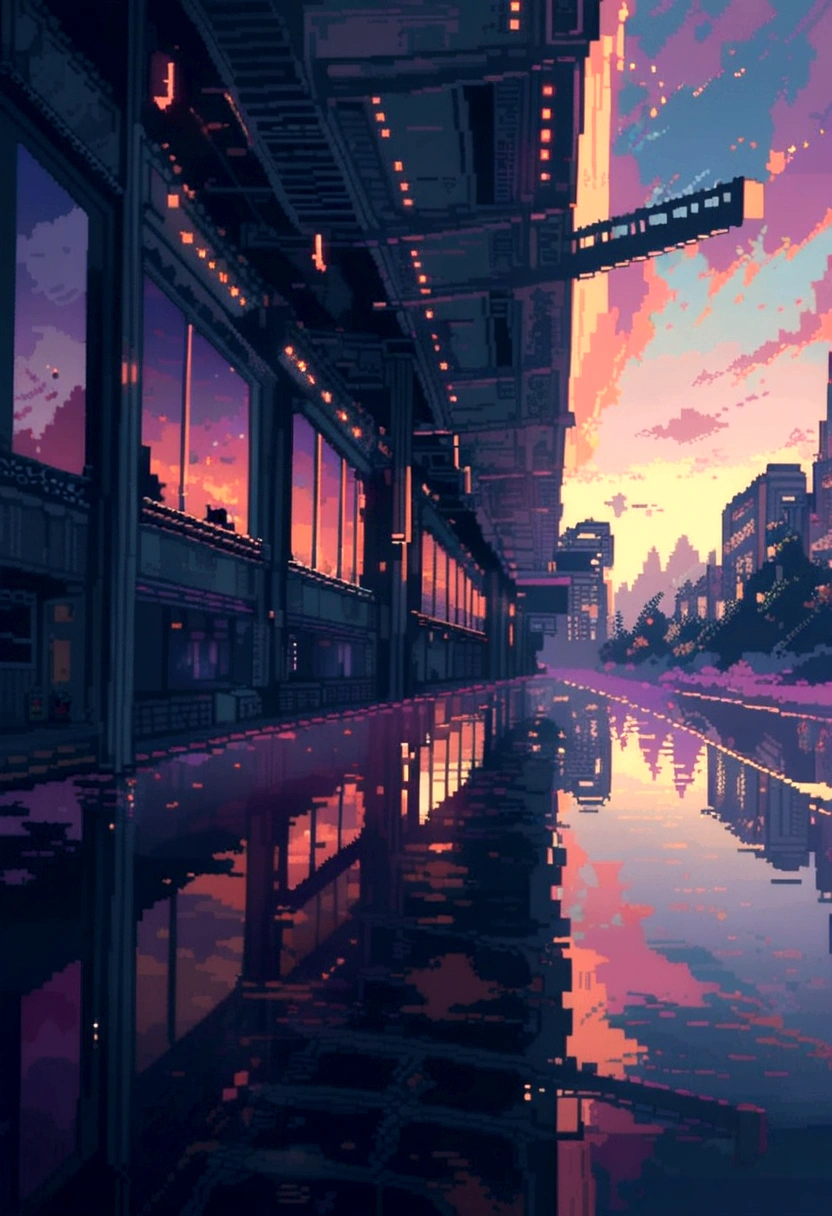 Pixel art, (masterpiece),( Highest quality),Smooth animations,Immersive Storytelling,infinite possibilities,Super detailed,Vibrant colors,Sunset lighting,Detailed pixelated characters,Dynamic Background,Colorful landscapes,Retro games,80s atmosphere,Neon Signs,Reflection effect,Pixel perfect,night