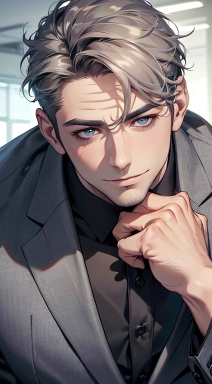 (best quality,4k,8k,highres,masterpiece:1.2),ultra-detailed,(realistic,photorealistic,photo-realistic:1.37),1 man,31 years old,mature man,very handsome,without expression,smile,short grey hair,blue eyes,penetrating gaze,perfect face without errors,imposing posture,businessman,office background,cinematic lighting,hdr image