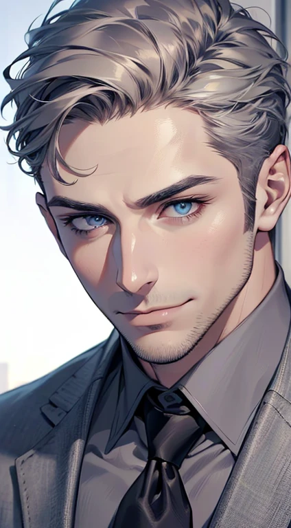 (best quality,4k,8k,highres,masterpiece:1.2),ultra-detailed,(realistic,photorealistic,photo-realistic:1.37),1 man,31 years old,mature man,very handsome,without expression,smile,short grey hair,blue eyes,penetrating gaze,perfect face without errors,imposing posture,businessman,office background,cinematic lighting,hdr image