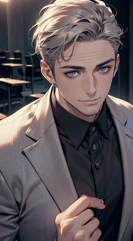 (best quality,4k,8k,highres,masterpiece:1.2),ultra-detailed,(realistic,photorealistic,photo-realistic:1.37),1 man,31 years old,mature man,very handsome,without expression,smile,short grey hair,blue eyes,penetrating gaze,perfect face without errors,imposing posture,businessman,office background,cinematic lighting,hdr image