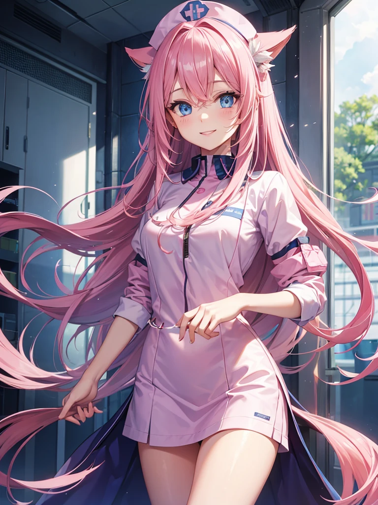 woman, long pink hair, blue eyes, kind smile. background in hospital.