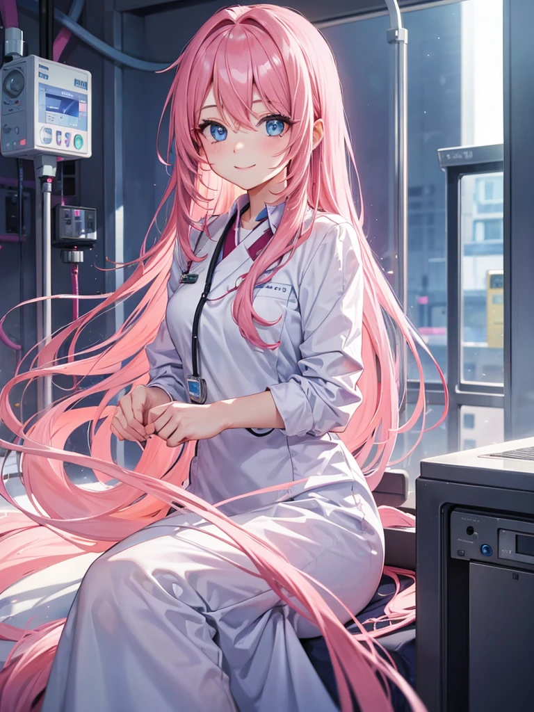 woman, long pink hair, blue eyes, kind smile. background in hospital.