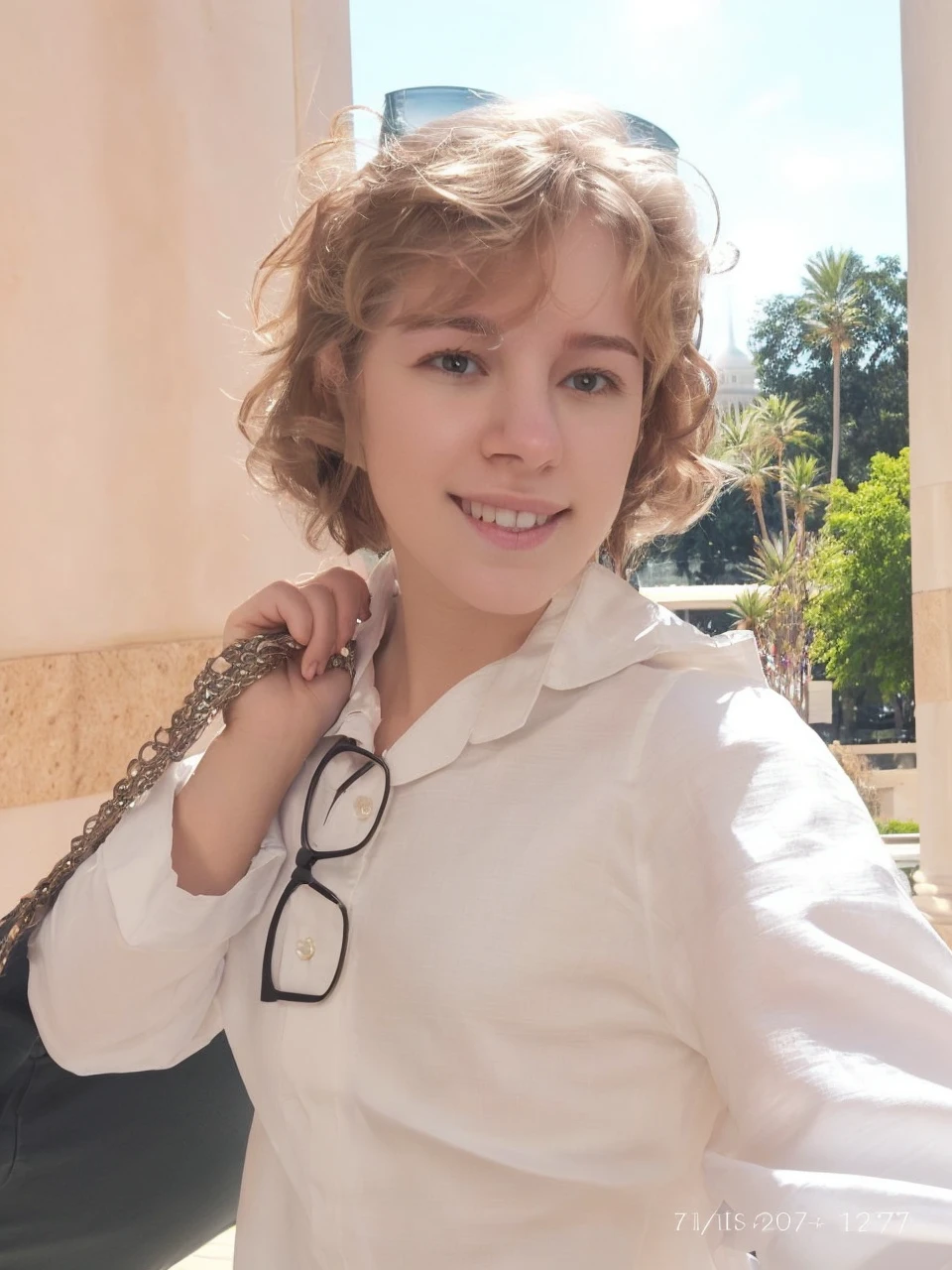 full_body, standing, sandals, (shirt), pants, (us capitol), (fgella: 1.2), perfect face, (contact iris: 1.1), pale skin, skin pores , depth of field