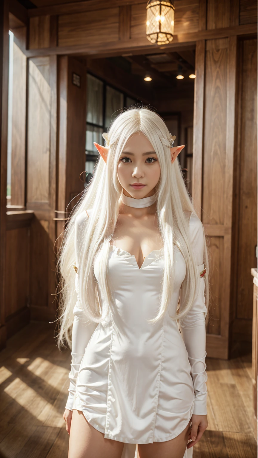 Female Elf,standในปราสาทเอลฟ์มีน้ำตก,stand,long white hair,elf costume