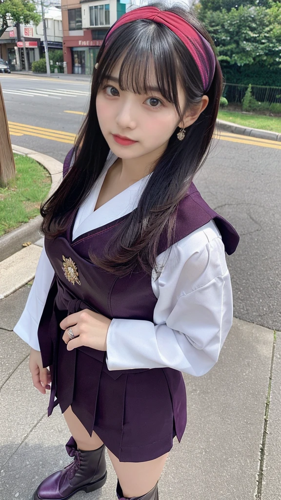 Urzan-6500-v1.1, (RAW Photos:1.2), (Photorealistic), (Genuine:1.4), Elegant woman with a perfect figure: 1.3, Jet Black Hair、((Straight short bob hair with neatly trimmed ends、bangs、Red Hairband))、(She is wearing a deep purple furisode with an elegant pattern.:1.3)、Standing with the fan closed、Majestic Hall々, (A look full of murderous intent:1.2)、 Highly detailed face and skin, Beautiful Eyes, double eyelid, Full Body Shot:1.2、Wearing short boots、(1 person:1.4)、Cleavage、18-year-old、Japanese、Shoot from below、
